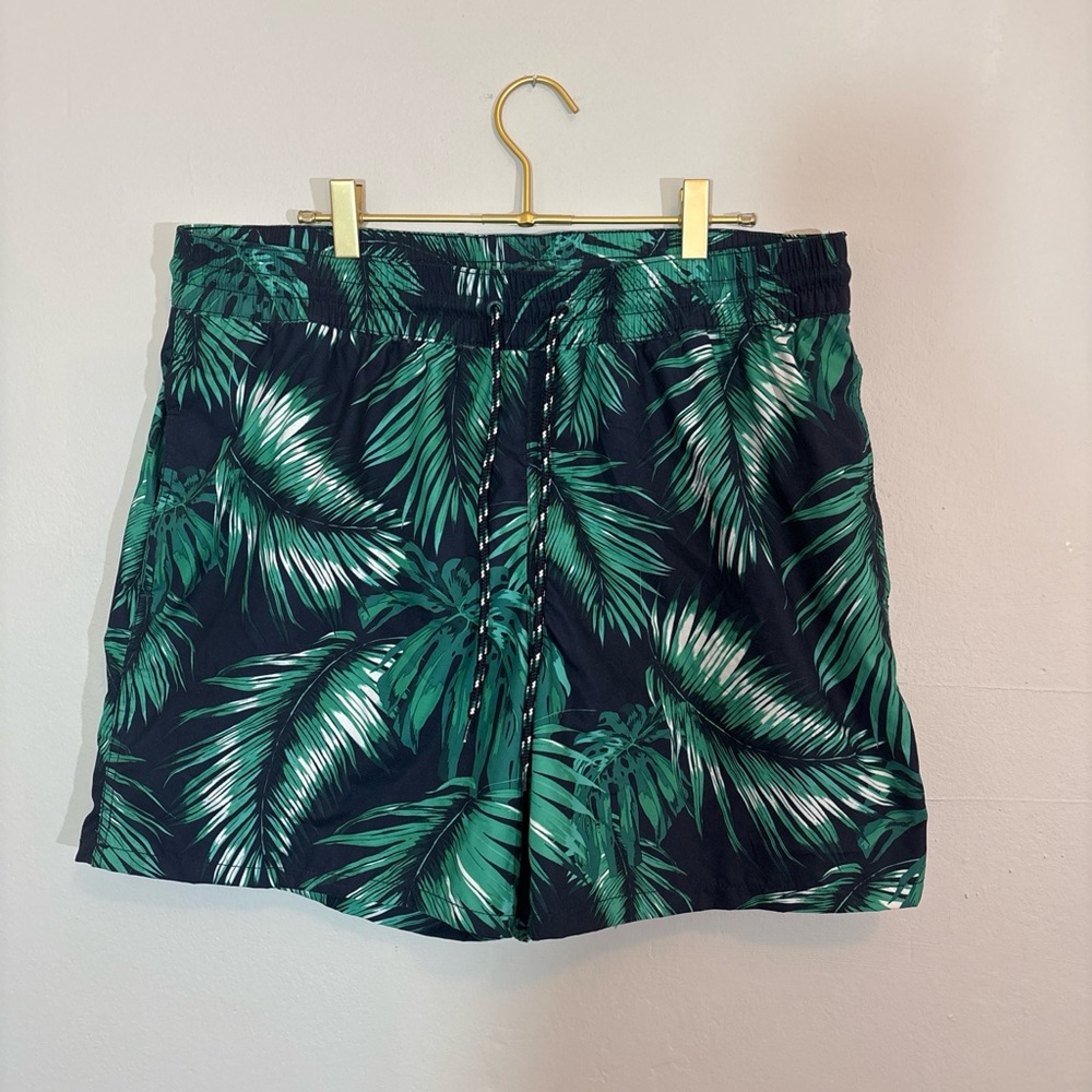 Men’s Tropical Navy Blue and Green Swim Trunks